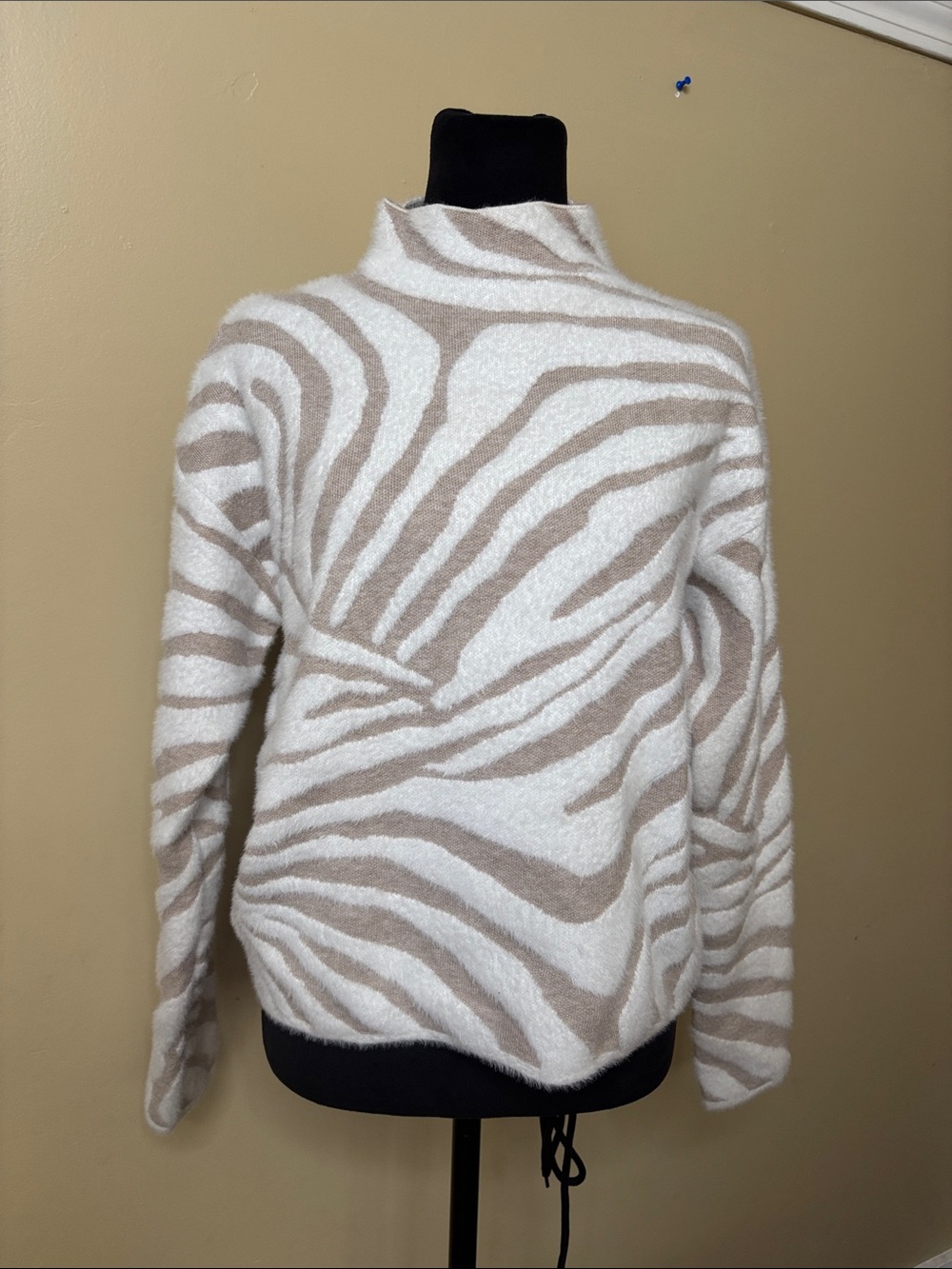 Cynthia Rowley White and Tan Zebra Mock Neck Sweater